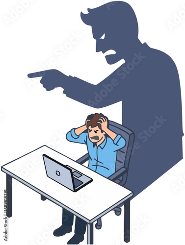 employ under pressure and depressed working on laptop in office illustration