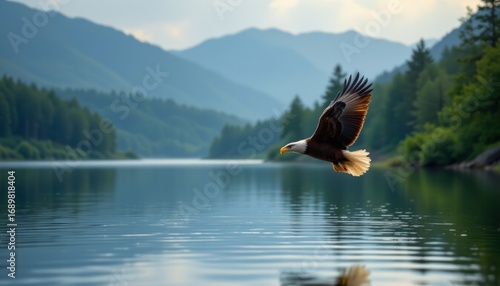 Bald Eagle Flying Over Mountain Lake