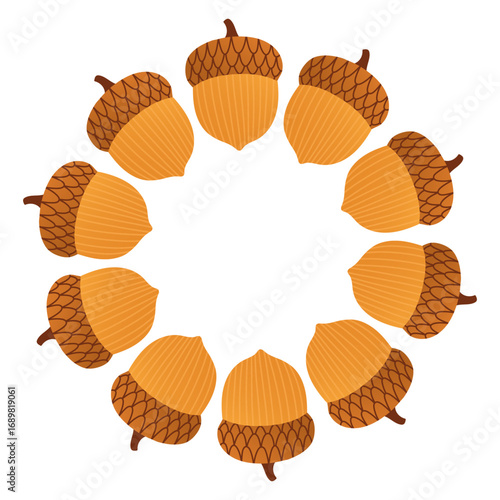 Autumn acorn circle frame. Round border made of doodle hand drawn fall acorns. The acorns are arranged in a circle for stickers, banners, cards, ads. Vector flat isolated on white background.