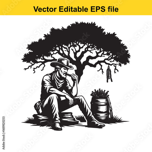Cowboy sitting under a tree with a barrel and bundle of sticks