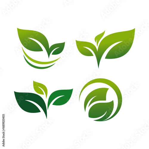Four stylized green leaf logos and icons representing nature, growth, ecology, and eco-friendly concepts on a white background.