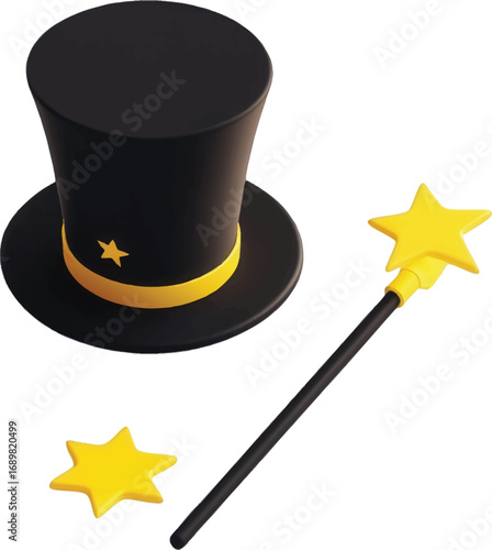 Magic Hat and Wand with Stars Isolated on White Keywords: magic hat, top hat, magician, wand