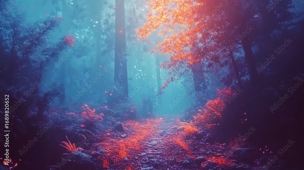 Obraz premium Tranquil Forest Trail with Golden Leaves and Soft Light