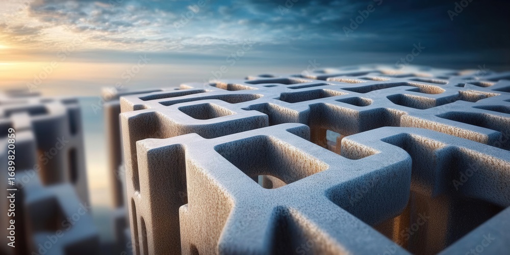 Fototapeta premium Intricate concrete maze under a dynamic, atmospheric sky, depicting a challenging pathway.