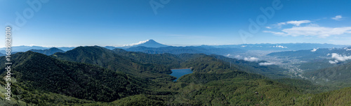 大菩薩嶺から撮影した富士山と甲府の街並みの大パノラマ