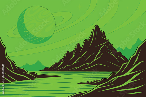 Alien planet vista shows green sky, river, jagged mountains, and a ringed planet