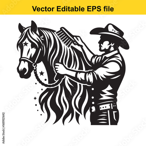 Cowboy brushing a horses mane isolated on white background