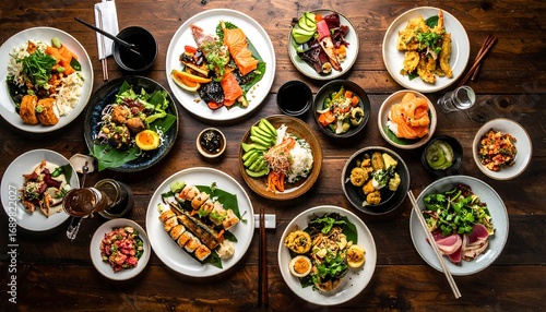 Overhead shot of numerous plates of diverse, colorful food on a rustic wooden table