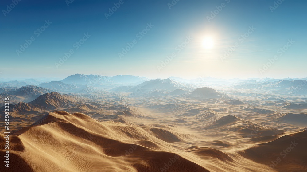 Fototapeta premium Vast Desert Landscape with Rolling Sand Dunes Under Bright Sun