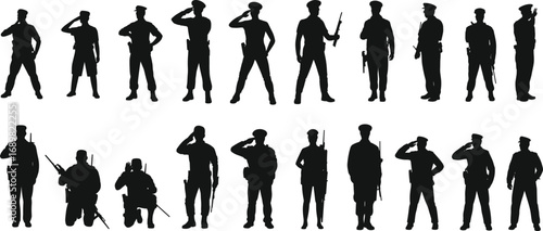 Silhouette illustration of military soldiers in uniform saluting, standing in formation, black and white vector art for patriotic design