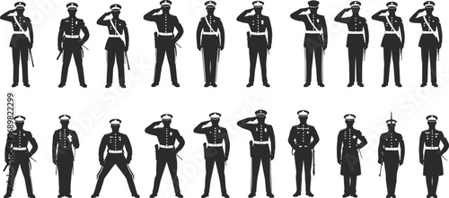 Silhouette illustration of military soldiers in uniform saluting, standing in formation, black and white vector art for patriotic design