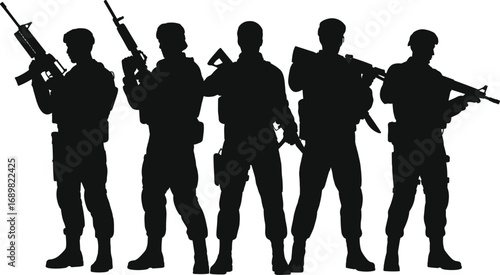 Silhouette of armed soldiers standing together, military unity concept, patriotic valor theme, black and white illustration, war background art