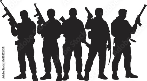 Silhouette of armed soldiers standing together, military unity concept, patriotic valor theme, black and white illustration, war background art