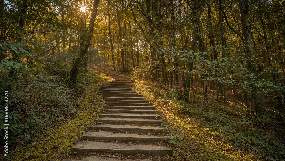 Obraz premium Sunlit stone pathway winding through a lush forest