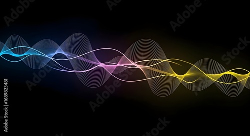 Abstract image of flowing, colorful waves against a dark background, transitioning from blue to pink to yellow.