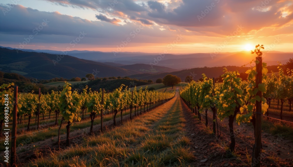 Naklejka premium Vineyard at Sunset, Scenic Landscape
