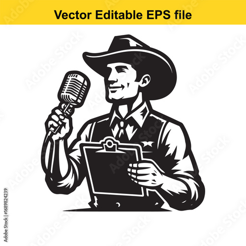 Cowboy reporter holding microphone and clipboard isolated on white background