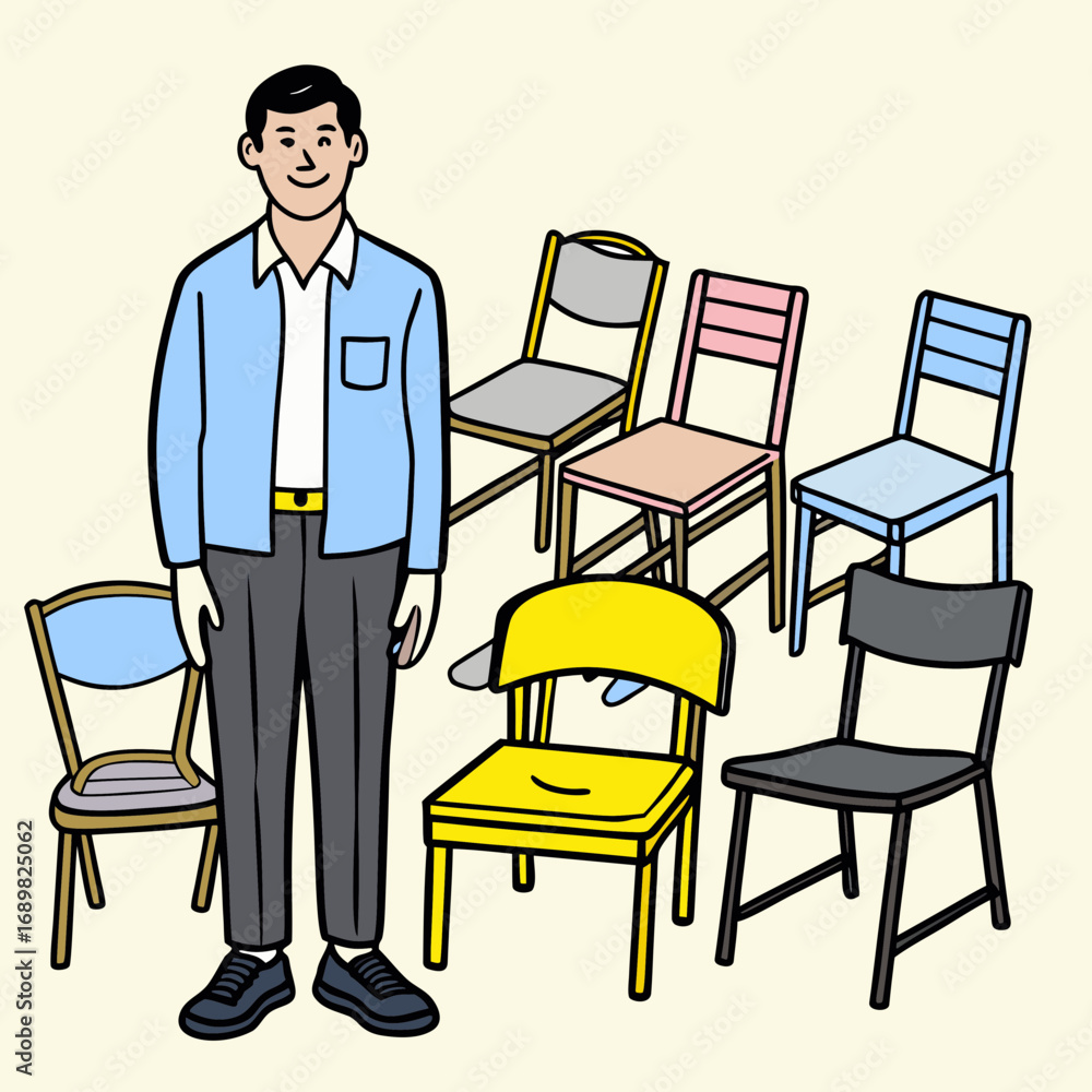 Fototapeta premium Confident man stands amidst a diverse collection of colorful chairs, symbolizing choice, opportunity, or seating solutions for any occasion, ready to make a decision.