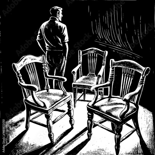 Man contemplates empty chairs in stark, dramatic scene, evoking introspection, decision, or waiting for a profound moment of insight and change.