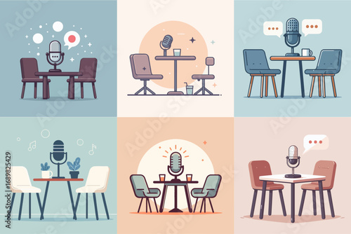 vector illustration of table chair microphone podcast set