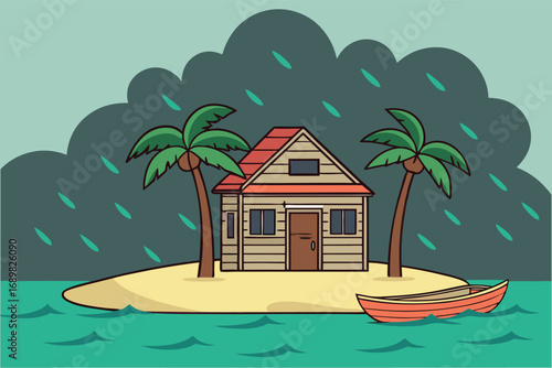 Cartoon island with a cabin, palm trees, and a boat during a storm