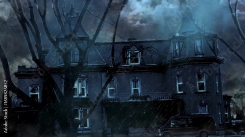 Creepy Haunted Forest Halloween Background with Eerie Fog and Glowing Eyes