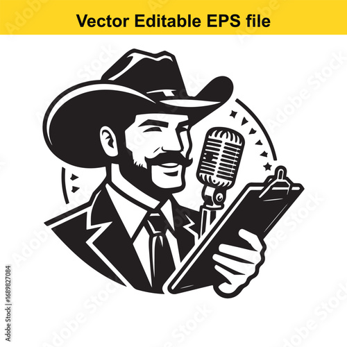 Man in cowboy hat with microphone and clipboard, isolated on white background