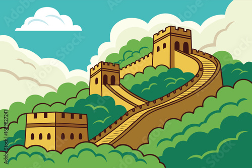 Cartoon depiction shows the Great Wall of China winding through lush green landscapes