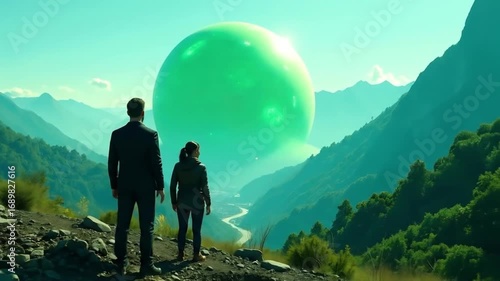 A couple stands on a hill, gazing at a giant green orb in the mountains. 