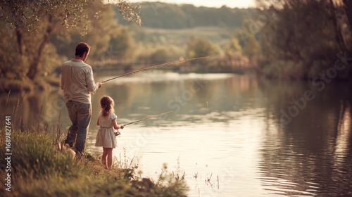Father and daughter fishing by a serene lake, enjoying a peaceful day in nature together.