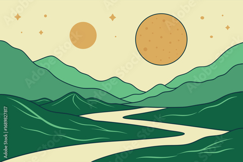 Minimalist mountain features winding river with celestial objects in the light yellow sky