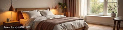 Cozy and serene bedroom interior featuring a plush bed, soft lighting, and calming decor Perfect for relaxation and peaceful sleep , peaceful, aesthetic, bed