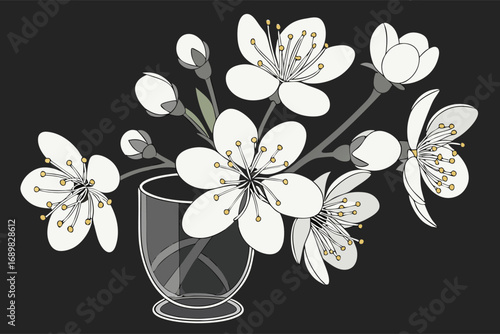 Cherry blossoms bloom gracefully in a glass vase against a dark background, creating simplicity