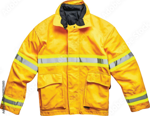 Yellow firefighter jacket with reflective stripes on white background Keywords: firefighter