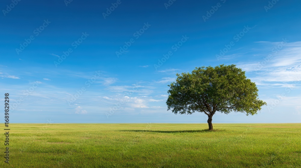 Fototapeta premium Solitary Tree on the Horizon: A vibrant green tree stands tall in a vast grassy expanse under a flawless, bright blue sky, showcasing the serene beauty of nature. 