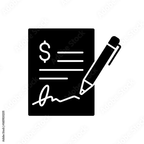 Official Financial Agreement Icon Showing a Document with a Signature and Pen for Signing on Page One