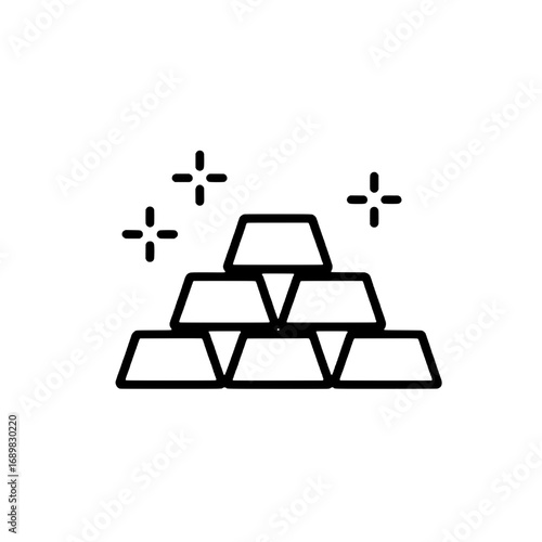 Minimalist gold bullion stack line art icon with sparkles. Financial asset and banking vector symbol for investment concepts
