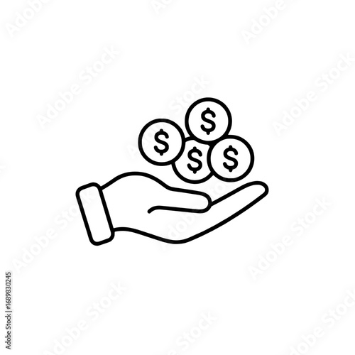 Hand holding money coins with a dollar symbol, a simple line art icon representing finance and wealth