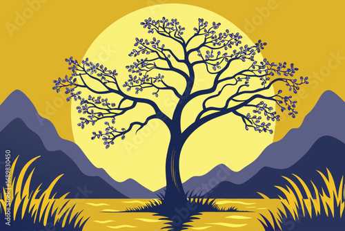 Majestic tree silhouette stands against a bright yellow moonlit sky over scenic mountains