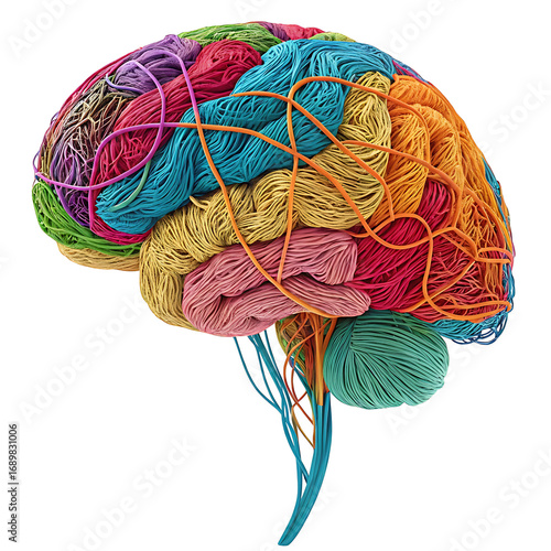 Abstract human brain made of colorful threads and yarn, 3D illustration, symbol of creativity and AI