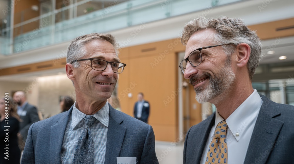 Obraz premium Two executives in formal attire share insights on leadership and business development inside a bright and modern office environment.