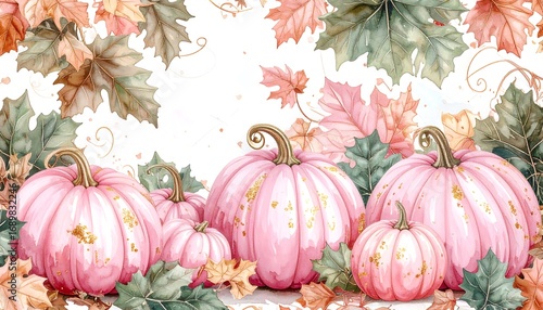 Pink pumpkins among autumn leaves in a seasonal setting