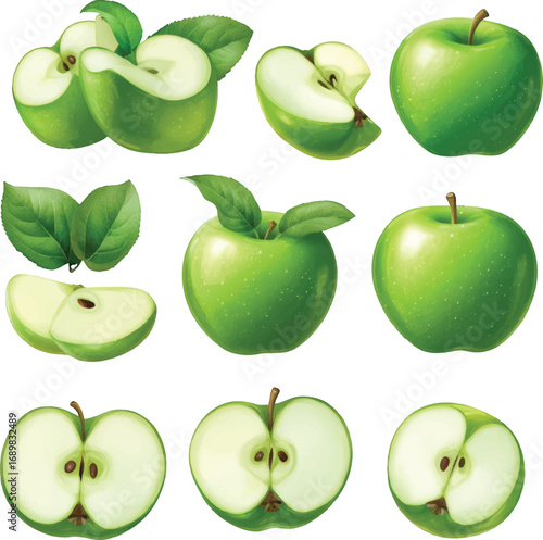 Collection of Green Apples and Slices with whole