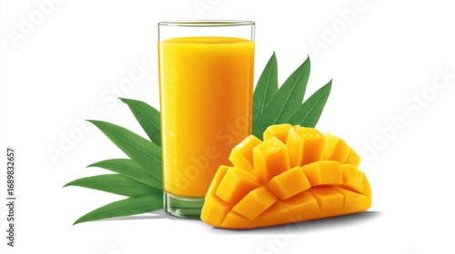 Refreshing mango drink with fresh mango slices kitchen table food photography bright environment close-up angle
