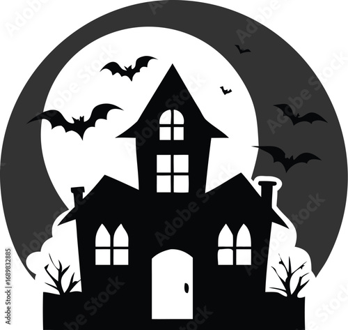 Spooky haunted house silhouette with bats and full moon icon