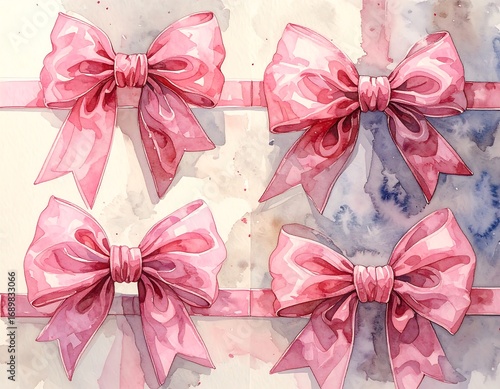 Pink watercolor bows on ribbons with a soft background