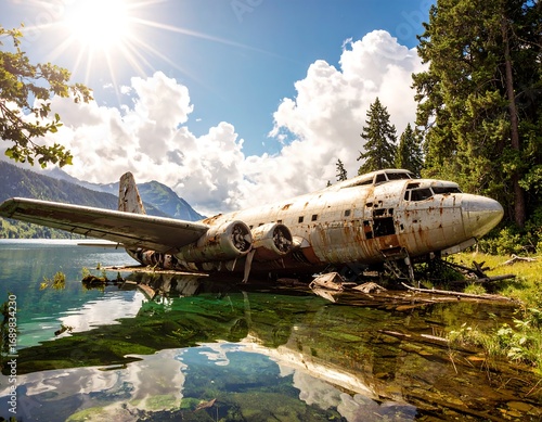 Rusty plane wreck on a lake shore