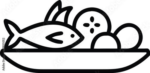 World food day outline icon of a fish with fruits and vegetables on a plate