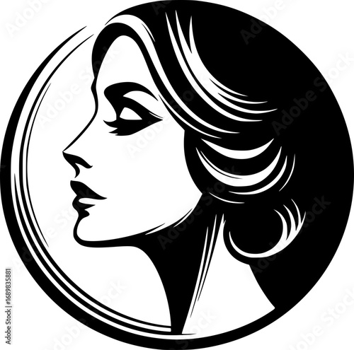 Minimalist black and white vector icon of a vintage woman’s side face, clean lines, scalable, modern yet classic, perfect for logos or stickers.