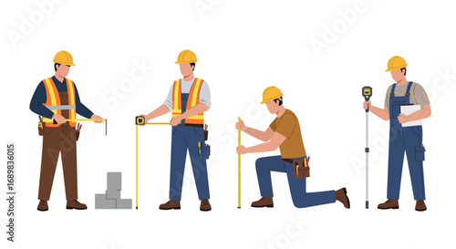 A collection of construction workers and a surveyor in safety gear using various measuring tools.